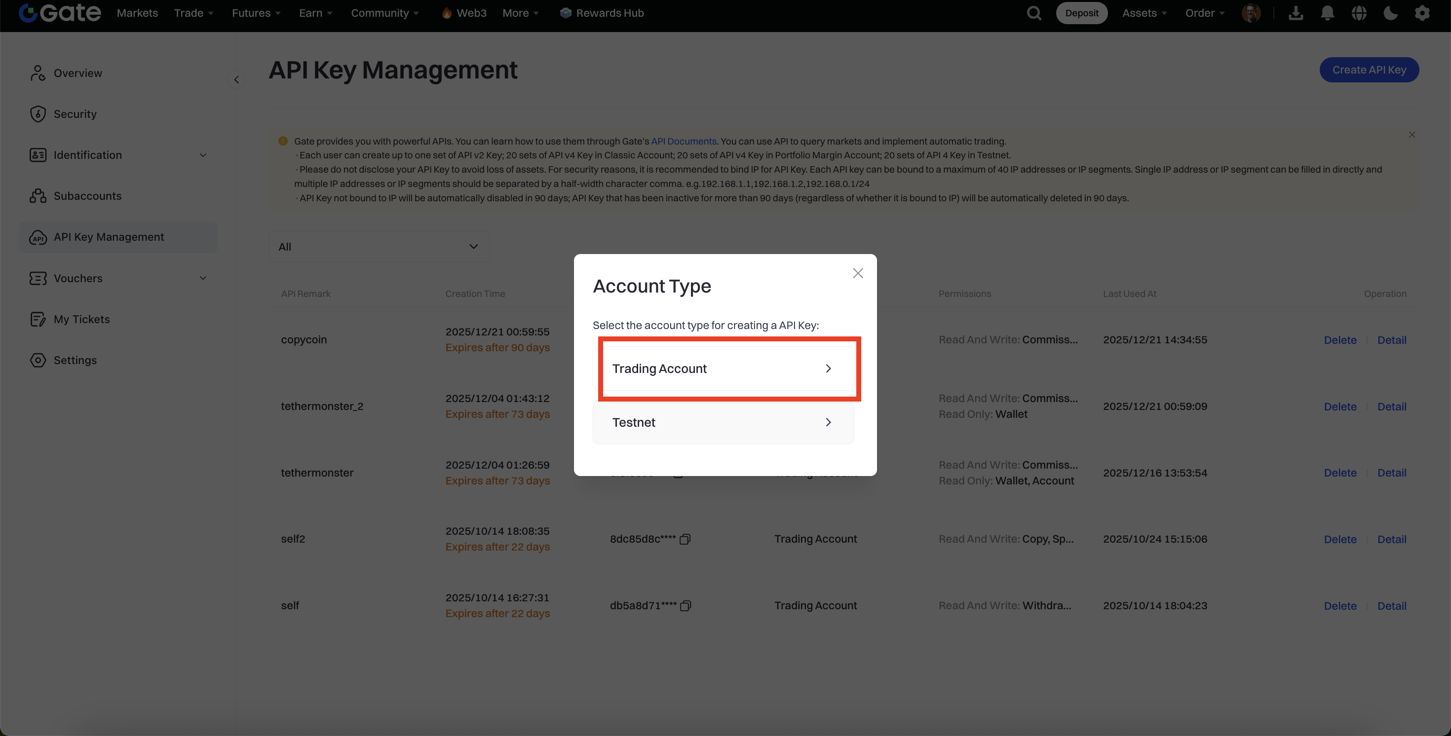 API Key Permissions Settings (Read & Trade)